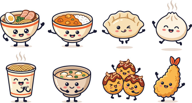 Cute Japanese food character collection with ramen, curry rice, dumplings, noodles, soup, takoyaki and shrimp illustrations