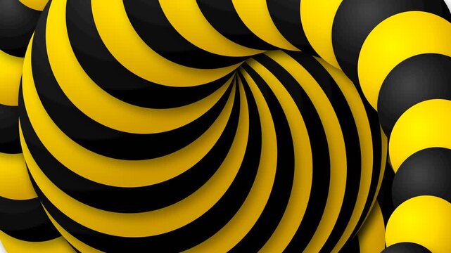 Hypnotic black and yellow striped 3d tunnel vortex spiral background pattern