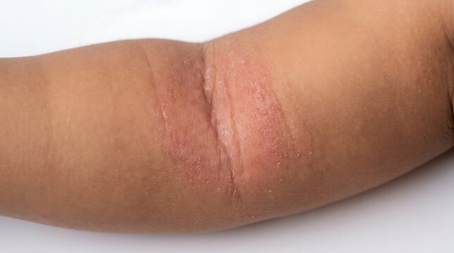 Close up of an itchy red skin rash on the inner elbow of a person with dermatitis