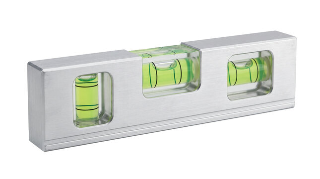 A metallic spirit level with three vials and green liquid presented on transparent background leveling tool construction measuring instrument alignment bubble metal