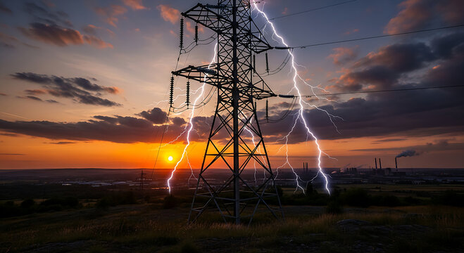 Powerful Lightning Striking High Voltage Transmission Tower.