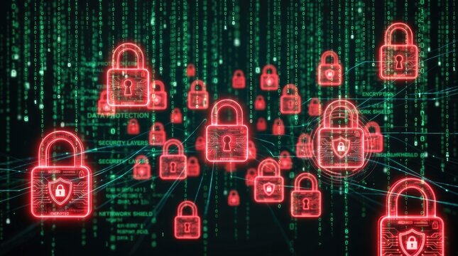 A digital security network featuring illuminated padlocks symbolizes robust cybersecurity measures and comprehensive data protection strategies for modern systems
