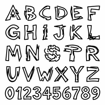 Vintage grunge typography with scribbled letters and numbers set
