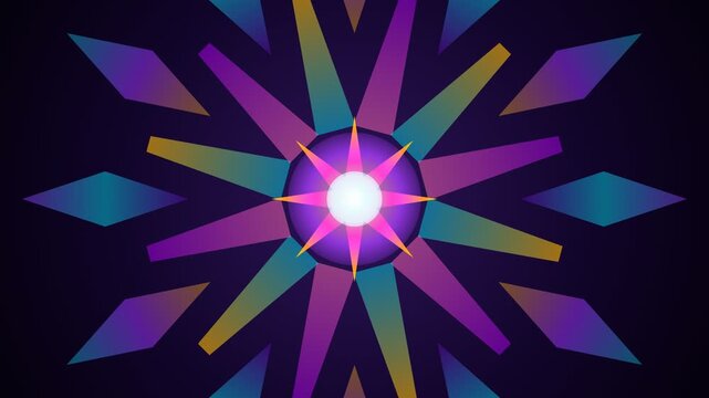 Vibrant abstract geometric pattern with glowing neon colors and spiritual star mandala design on dark background