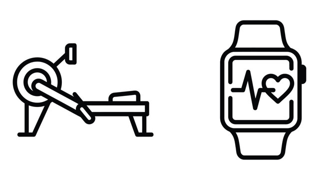 Fitness tracker and rowing machine vector icons set, sport and health equipment outline symbols