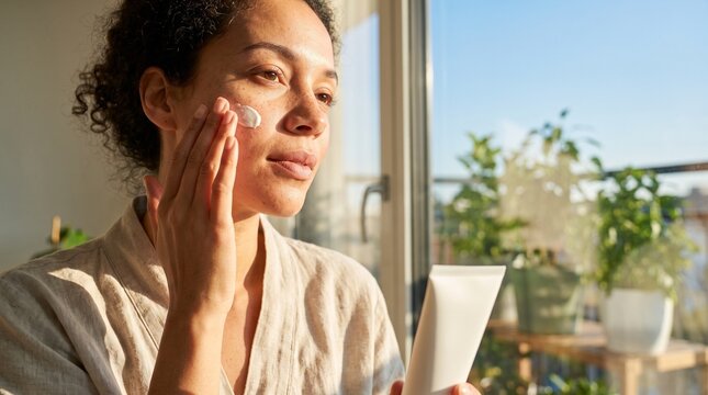 Jovem e bela mulher brasileira aplicando creme facial hidratante perto da janela, rotina de cuidados com a pele