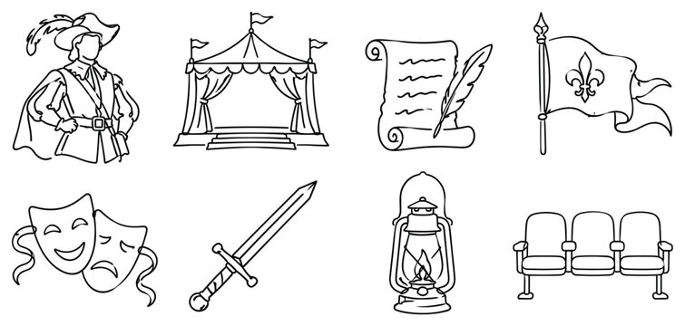 "Historical Reenactment Drama". Minimalistic set one-line drawing [period costume actor, reenactment stage, vintage script, historical flag, theater mask, wooden prop sword, old lantern, audience