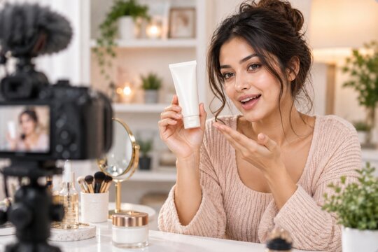 Beauty blogger recording skincare video tutorial holding white blank cosmetic tube mockup in home studio.