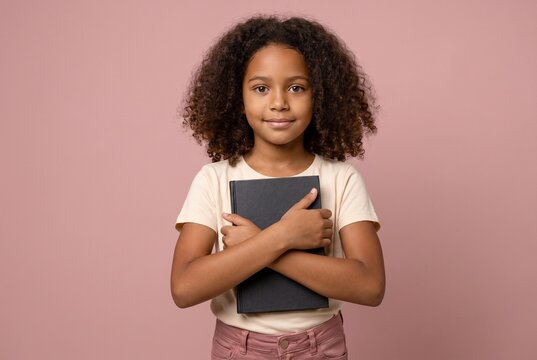 Menina brasileira fofa segurando um livro preto e sorrindo, conceito de educa&ccedil;&atilde;o