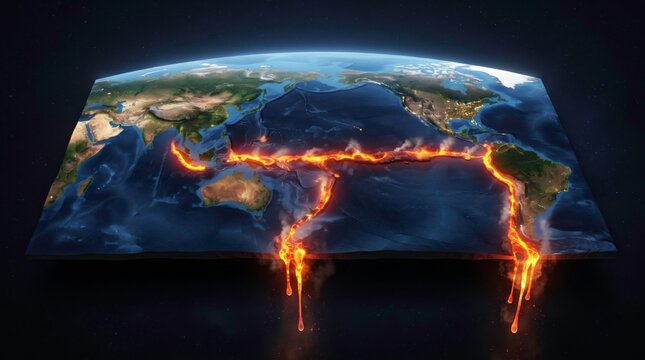 Ring of Fire Illustration: A dramatic illustration depicting the Earth's notorious Ring of Fire, showcasing tectonic plate boundaries erupting with fiery energy.