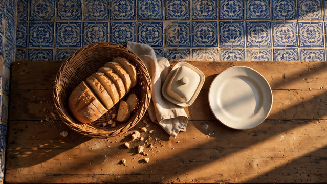 Bread basket and table setting in warm sunlight