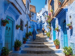 Fototapeta premium Traditional blue street in chefchaouen, morocco, with stone stairs, potted plants, and local people walking through the historic medina alleyway