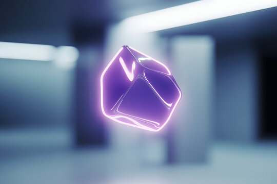 Floating neon purple cube in futuristic ambience