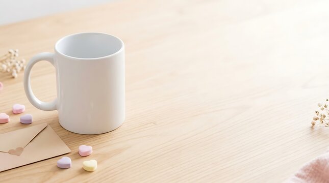 Blank white ceramic coffee mug mockup with romantic red roses and soft pastel decor, elegant Valentine's Day aesthetic background with empty copy space for 3x3 love quote typography.