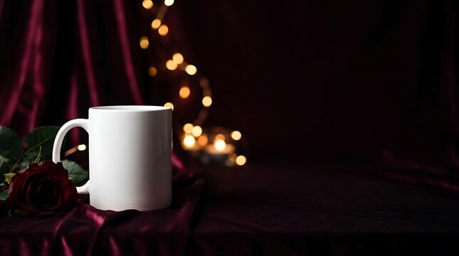 Blank white ceramic coffee mug mockup with romantic red roses and soft pastel decor, elegant Valentine's Day aesthetic background with empty copy space for 3x3 love quote typography.