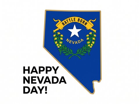 Nevada state map silhouette cutout filled with the official Nevada state flag design including the Battle Born ribbon and sagebrush, accompanied by the text Happy Nevada Day, white background.