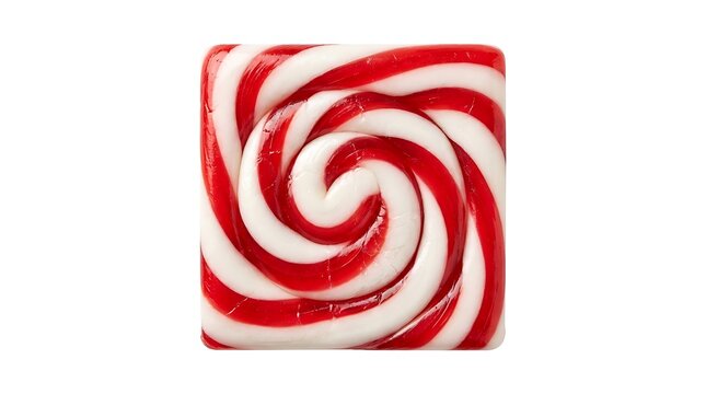 Red and white square hard candy with a hypnotic spiral swirl pattern isolated on white background