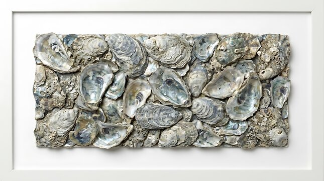 Framed wall art piece featuring a mosaic composition of natural oyster shells with iridescent pearl interiors