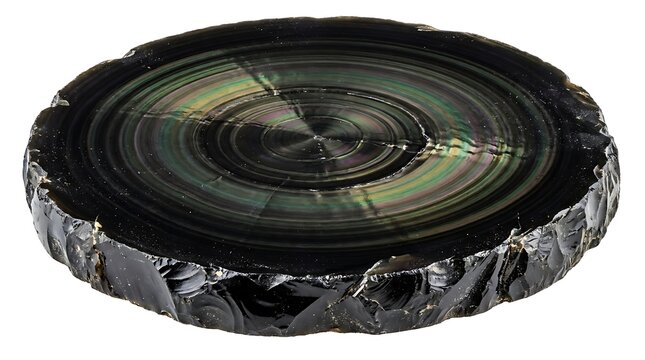 Natural rainbow obsidian crystal slab showing vibrant concentric rings and colorful sheen isolated on white background