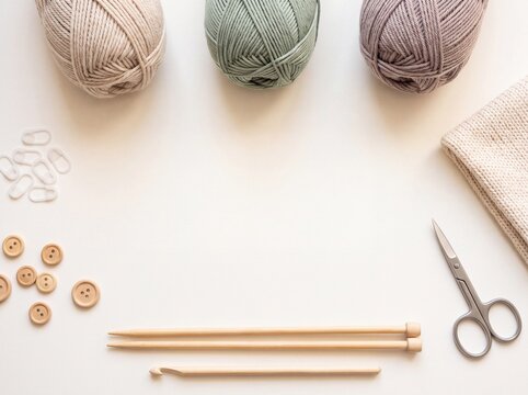 Knitting and crochet essentials background with yarn needles and large copy space