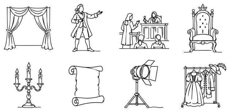 "Period Theater Scenes". Minimalistic set one-line drawing [stage curtain, actor in period dress, old courtroom scene, royal throne prop, candle holder, historical scroll, drama spotlight, backstage