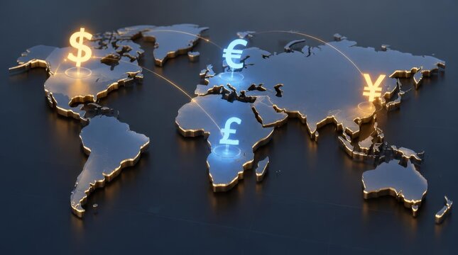 Global financial network with currency symbols on a metallic map