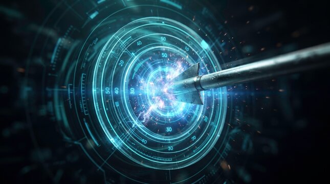 Future Missile Technology: A futuristic missile heads towards a glowing energy target, set against a backdrop of complex digital interfaces and intricate circular patterns.