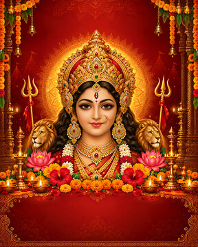 Navratri Durga Pooja Dandiya Garba Festive Celebration with Traditional Indian Decorative Elements, Colorful Mandap, Glowing Lights, Artistic Patterns and Devotional Festival Atmosphere