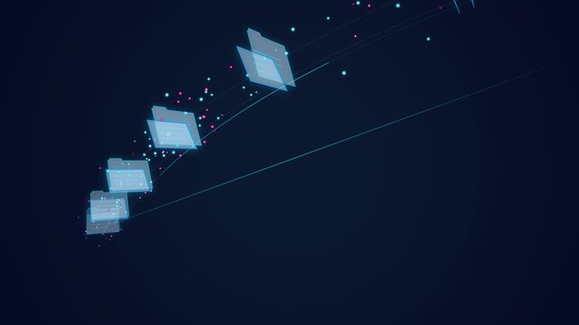 Digital folder icons connected with glowing dots on transparent background
