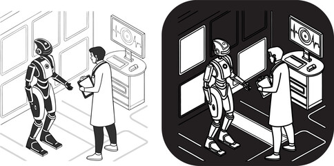 Fototapeta premium Isometric illustration of a doctor interacting with a futuristic humanoid robot inside a modern medical room with screen monitor 