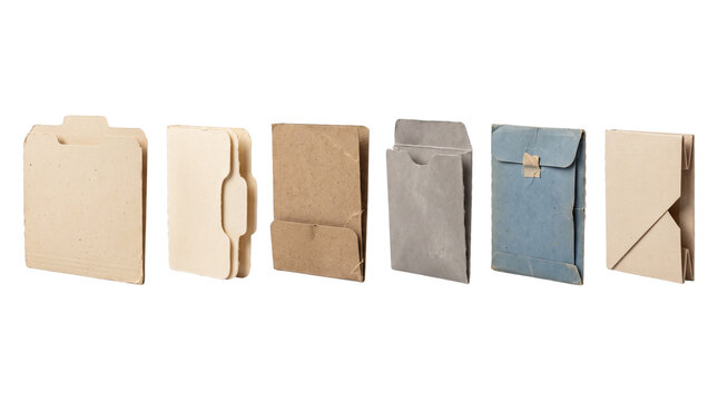 Collection of various document folders and envelopes made from different materials like cardboard, paper, and fabric, showcasing diverse designs and closure mechanisms