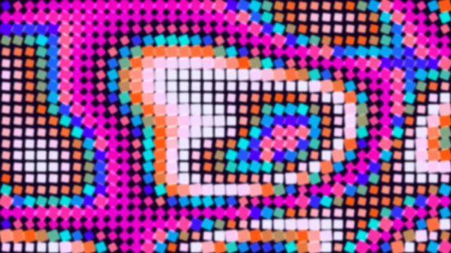 Vibrant abstract pixel grid pattern with glowing colorful square dots in neon pink, orange, blue and white shades