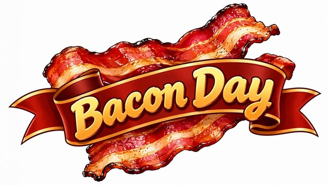 Decorative graphic design for International Bacon Day celebration with crispy bacon strips and ribbon.