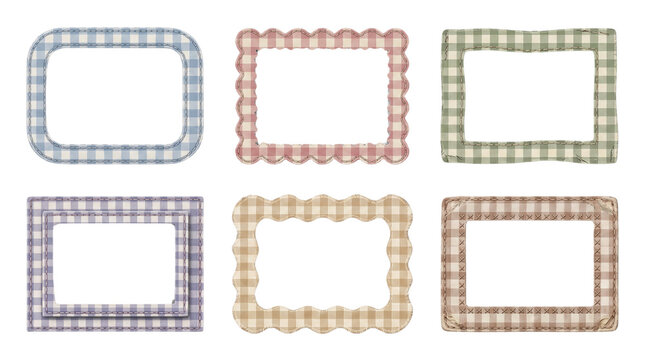 Set of cute pastel gingham and checkered rectangular frames with scalloped and wavy borders isolated on a white background