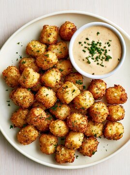 Plate of tater tots with a small bowl of creamy sauce on the side. the plate is white and round, and the tater totts are golden brown and appear to be crispy on the outside.