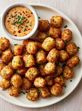 Plate of tater tots with a small bowl of dipping sauce on the side. the plate is white and round, and the taters are golden brown and appear to be crispy on the outside.