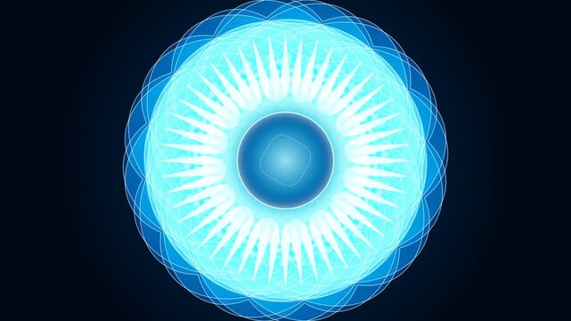 Abstract blue glowing mandala design with intricate concentric light patterns and dark background for spiritual themes