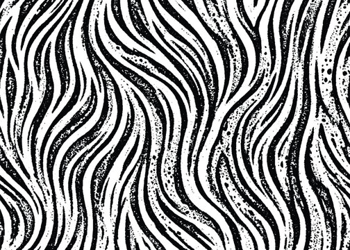 Organic zebra stripes pattern black and white textured wavy line design.