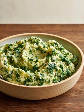 Bowl of mashed potatoes on a wooden table. the mashed potatoes are creamy and green in color, with flecks of herbs scattered throughout.