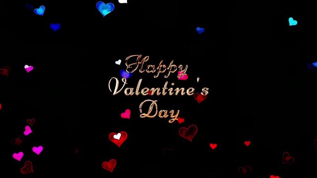 Elegant Gold Script Happy Valentine's Day Animated Title with Floating Colorful Particle Hearts for Luxury Celebration Intro and Romantic Video Greeting   .