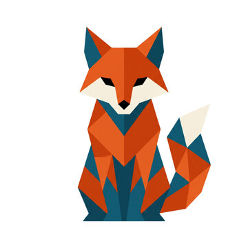 Low Poly Geometric Red Fox Sitting Front View Isolated on Transparent or White Background