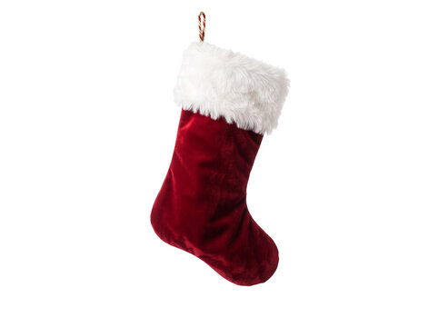 Christmas Stocking Isolated on White Background, Traditional Red Holiday Sock for Santa Gifts, Festive Decoration, Seasonal Celebration and Winter Christmas Tradition