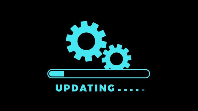 Cyan gears animate above a progress bar with an updating indicator, illustrating system processing, loading, software updates, automation, and technology workflow.
