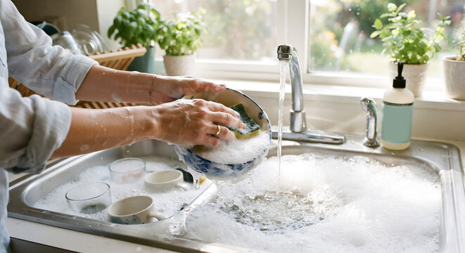 Kitchen Chore: A person's hands are seen washing dishes in a sink filled with soapy water, with a window and potted plants in the background.