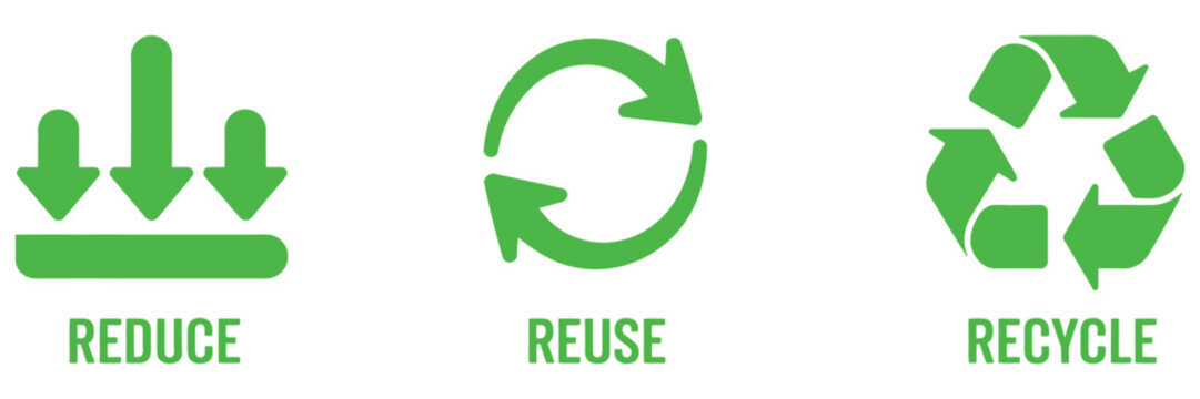reduce reuse recycle icon set with triangle arrows, recycling rotation symbol, sustainable waste management, environmental protection, circular economy, eco friendly concept, editable stroke vector de