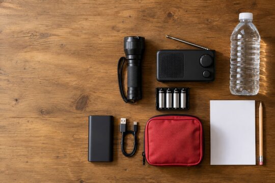 Emergency Preparedness Kit on Wooden Table