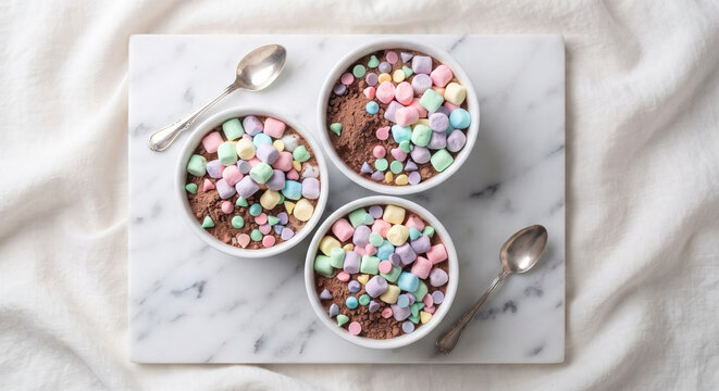 Three bowls of hot chocolate mix topped with colorful mini marshmallows and chocolate chips on a marble board