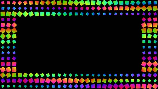Vibrant rainbow gradient squares framing a dark background creating a geometric border design with glowing neon colors
