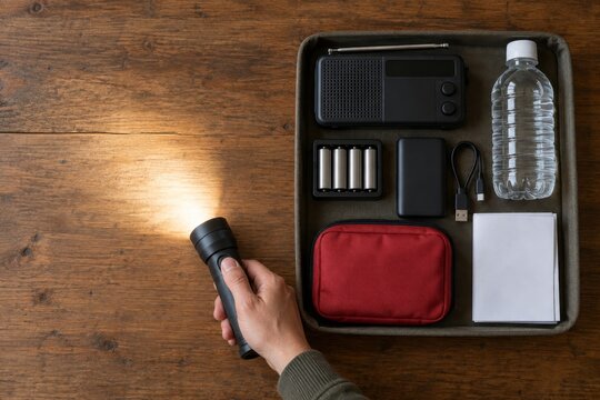 Hand Holding Flashlight Beside Emergency Preparedness Kit