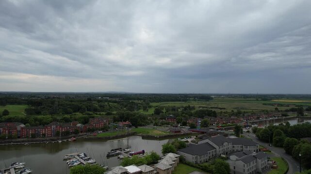 Aerial View of Preston City Docks and Port of Lancashire, Northern England, United Kingdom. Drone's Camera From Medium High Altitude on June 13th, 2025.